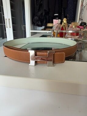 Hermes Brown Leather Belt with Silver H Buckle and Light Interior
